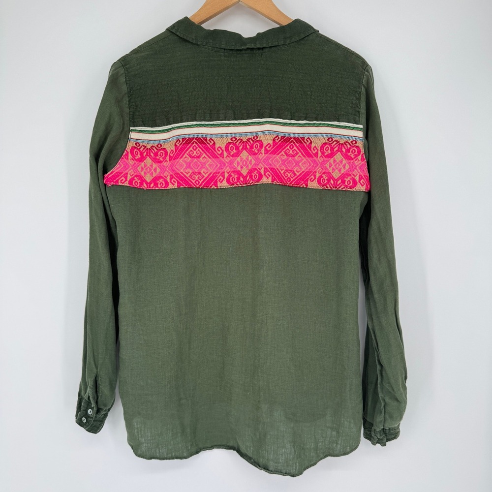 Khlyana Culture Button Down Linen Shirt S Green Embroidered Boho Festival Hippie